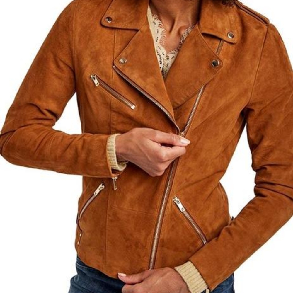 NAF NAF Suede Caramel Brown Biker Jacket NWT 8